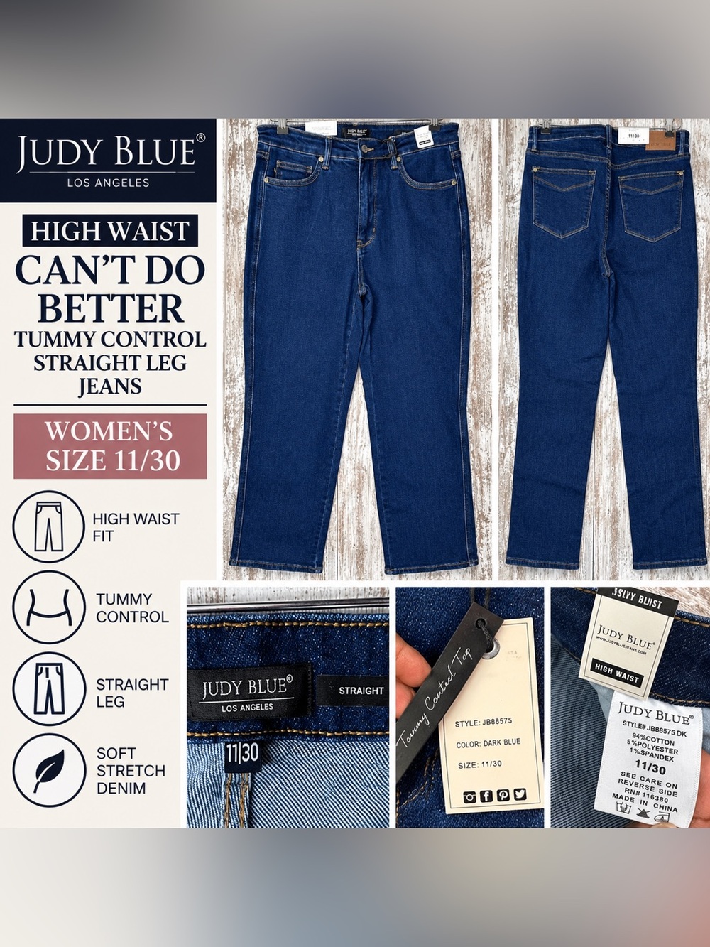 Judy Blue High Waist Tummy Control Straight Leg Jeans Women’s 11/30 Dark Wash NW